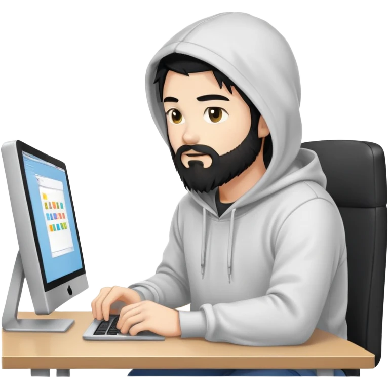 male coder with black hair, beard, and white skin, wearing a hoodie, sitting in front of a computer, focused on coding emoji