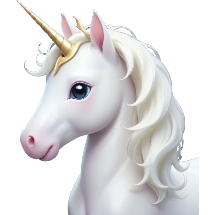 Cinematic Cute White Unicorn Portrait Emoji, Head tilted playfully and inquisitively, featuring a charming, petite form with a silky white color, a delicately flowing mane and tail, and a tiny, sparkling horn, with large, dreamy eyes full of wonder, Simplified yet irresistibly adorable features, highly detailed, glowing with a warm, enchanting glow, high shine, affectionate and lively, stylized with a touch of fairy-tale whimsy, soft glowing outline, capturing the essence of a mischievous yet endearing white unicorn that seems as if it could gallop out of the screen into your heart! emoji
