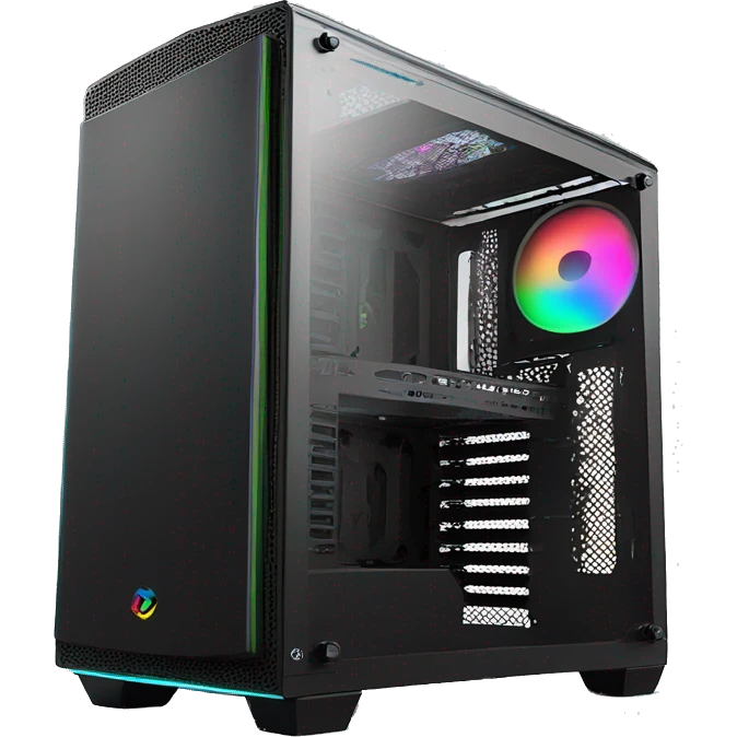 Black gaming PC RGB mid-tower case with glass side panel emoji
