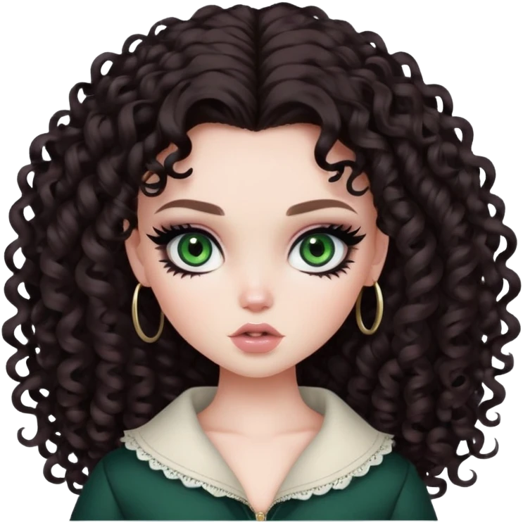 curly long dark brown hair, pale skin, dark green eyes, pretty bratz baddie, black eyeliner, blush emoji