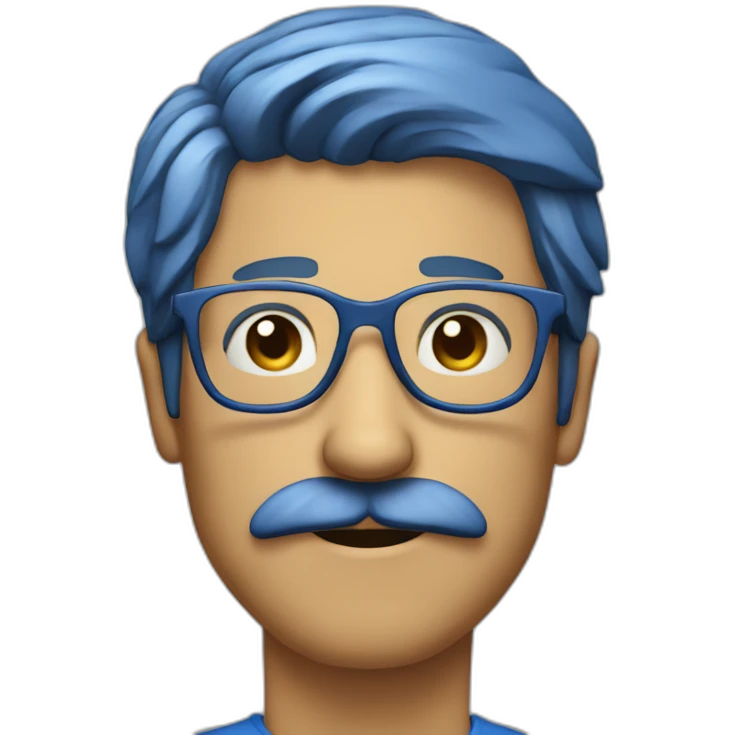 man He has a mustache Wearing glasses His hair is short His clothes are blue  emoji