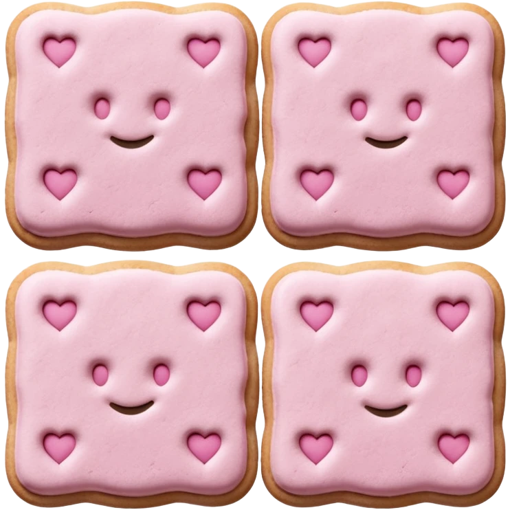 three pink Reims biscuits, rectangular with rounded edges, soft pink color, powdered sugar dusting, crisp textured surface with subtle cracks, arranged overlapping, soft lighting, subtle shadows, no plate or packaging, no faces, transparent background, emoji scale emoji