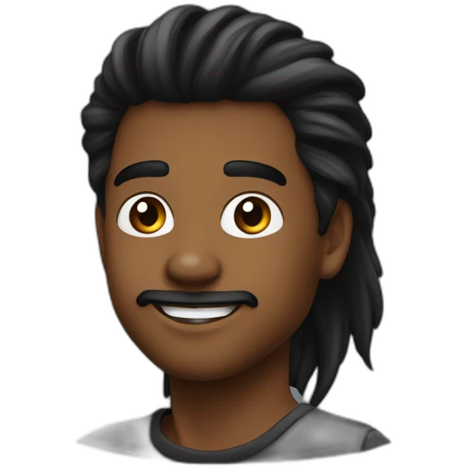 Jovem de pele escura com cavanhaque e cabelo estilo mullet liso medio preto com semblante feliz  emoji