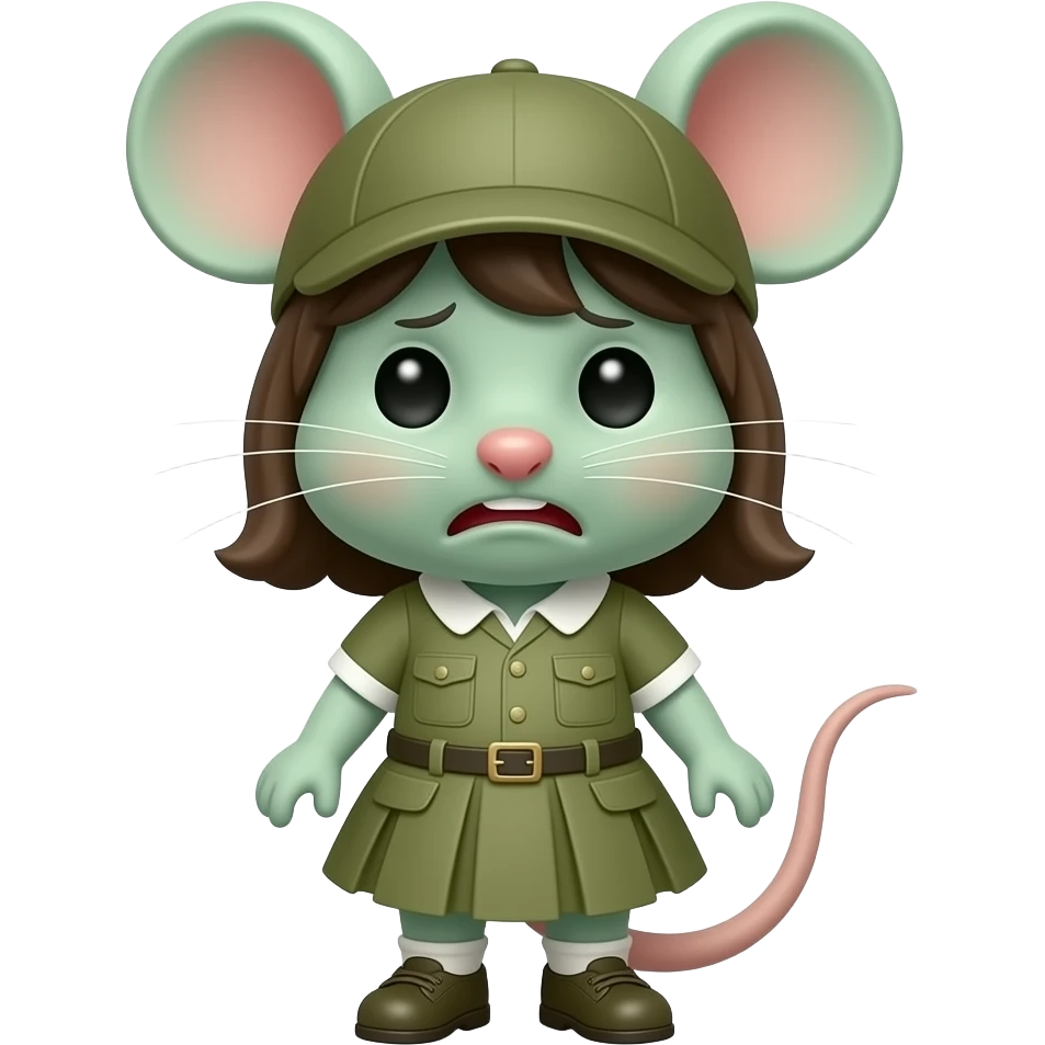A little green mouse shaped like a little girl dressed in khaki green, looking at us with a disgusted and nauseating expression. emoji
