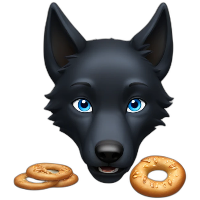 a full black wolf with blue eyes eating a bretzel emoji
