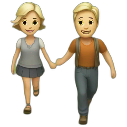 Couple walking in a village garden behind a small hut emoji
