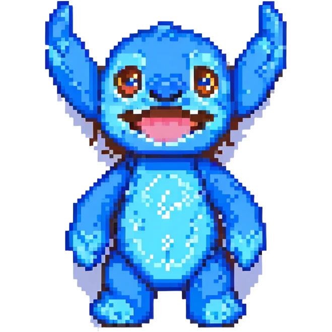 Stitch from Lilo & Stitch, pixel art style, waving, smiling, bright blue color emoji