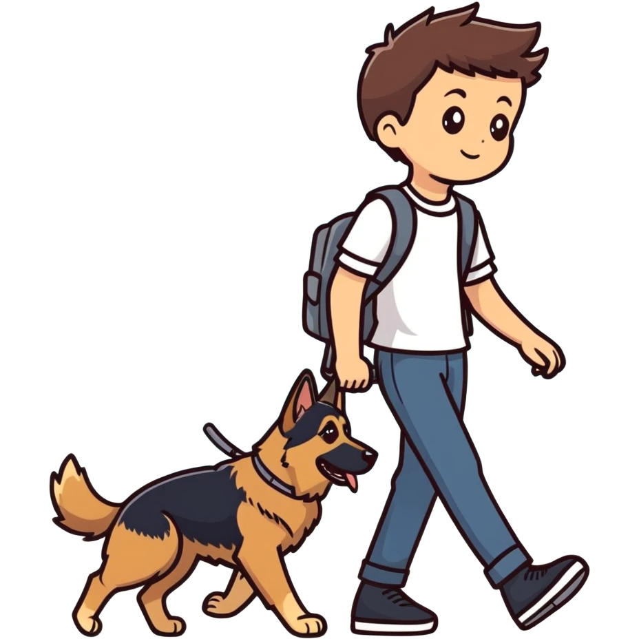 Boy with long brown hair walking a German Shepherd emoji