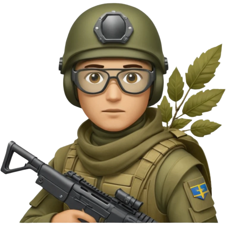 Ukrainian Intelligance agency warrior man in Ferro concept platecarrier with CZ BREN 2 riffle in helmet TOR-D, balaclava, poncho with leafs and ballistic assult glasses emoji