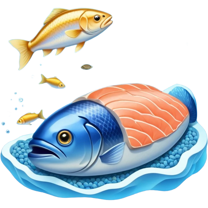 Golden omega-3 capsule floating in blue liquid currents, with salmon fillets, walnuts, chia seeds, and flaxseeds orbiting alongside an ethereal fish near a radiant brain. Blue waves expand from the brain, showing the mental clarity and emotional benefits of omega-3 rich foods. emoji