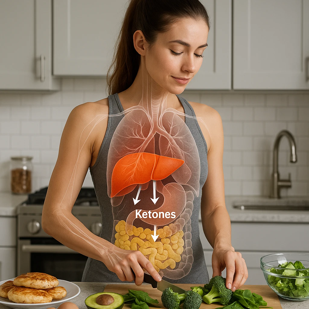 slim woman in 4K in kitchen preparing ketogenic meal, anatomical overlay showing fat metabolism and ketone production in the liver emoji