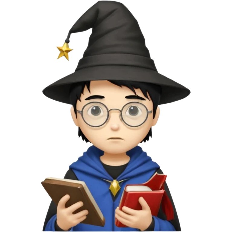 ["A sad boy with light skin, straight hair, wearing a wizard hat and round glasses, dressed in punk fashion, is reading a book while holding a phone."] emoji