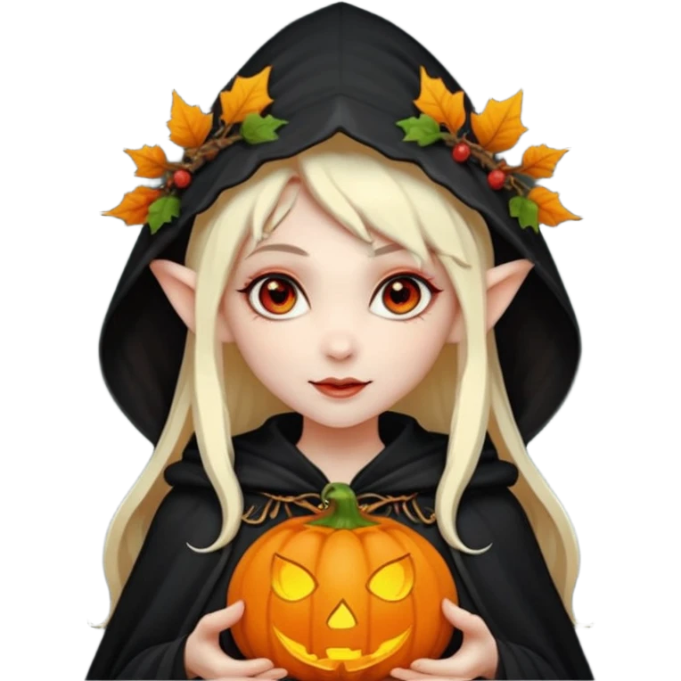 female elf vampire emoji, pale skin, red eyes, elegant face, autumn leaf and pumpkin wreath on head, black hooded cloak with cobweb details, holding small glowing pumpkin lantern, Halloween fantasy theme, Apple emoji style, clean white background, square emoji