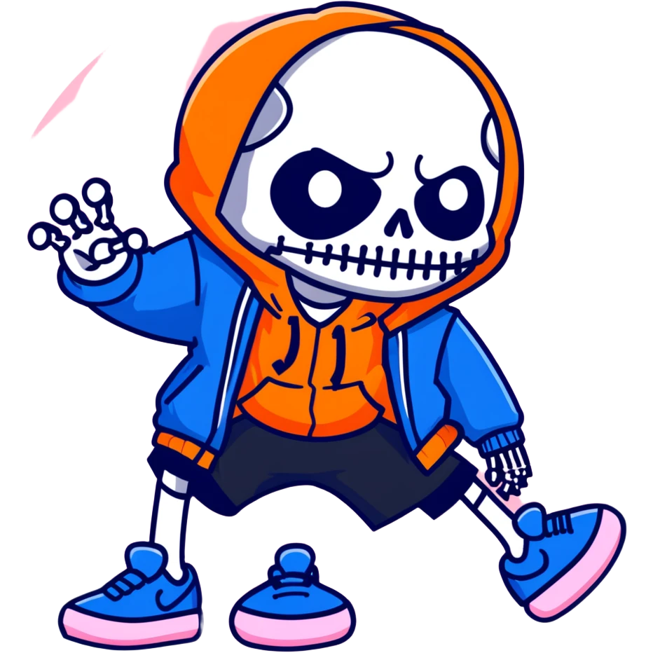 short skeleton with blue jacket, black basketball shorts, light pink slippers, blue glowing left eye emoji