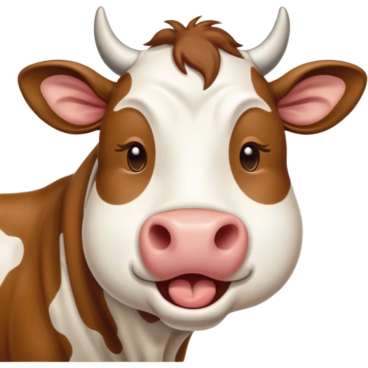 Cinematic Cute Yawning Brown and White Cow Portrait Emoji, Head tilted slightly with a dramatic, wide-open yawn, showcasing a smooth, patterned hide of brown and white, floppy ears slightly drooping, round brown eyes barely open in drowsy contentment, Simplified yet irresistibly adorable features, highly detailed, glowing with a soft, cozy glow, high shine, relaxed yet expressive, stylized with a touch of pastoral whimsy, bright and endearing, soft glowing outline, capturing the essence of a sleepy yet affectionate cow, so drowsy it feels like it could amble out of the screen and curl up for a nap! emoji