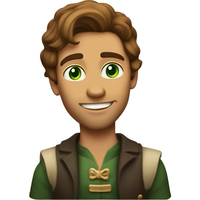 A light-skinned man with piercing green eyes, impeccably styled brown hair, and a confident demeanor is seated in front of the long white paper scroll. emoji