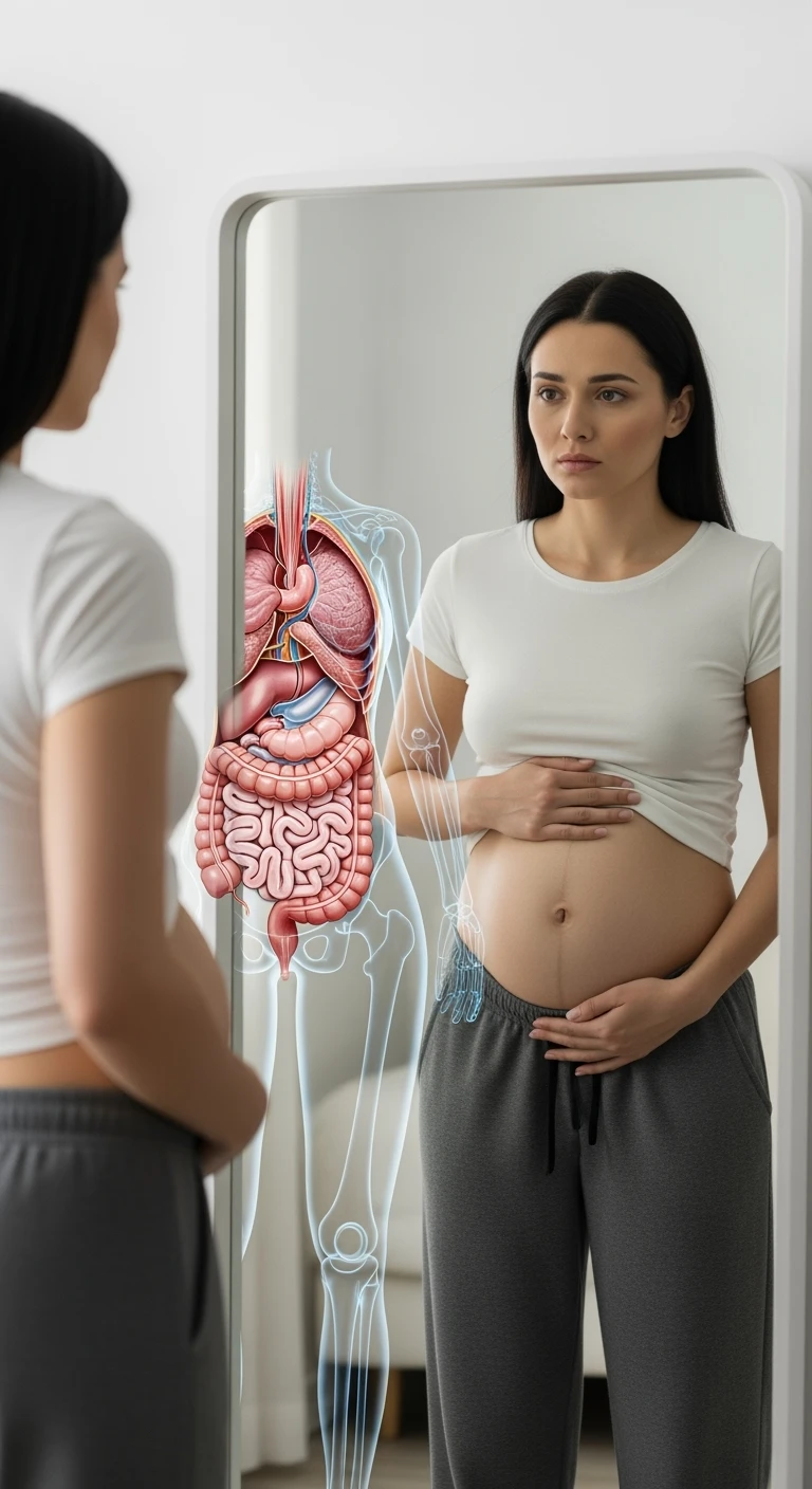 donna che si guarda allo specchio tenendosi la mano sulla pancia gonfia con espressione triste in volto, intestino umano anatomico in evidenza emoji