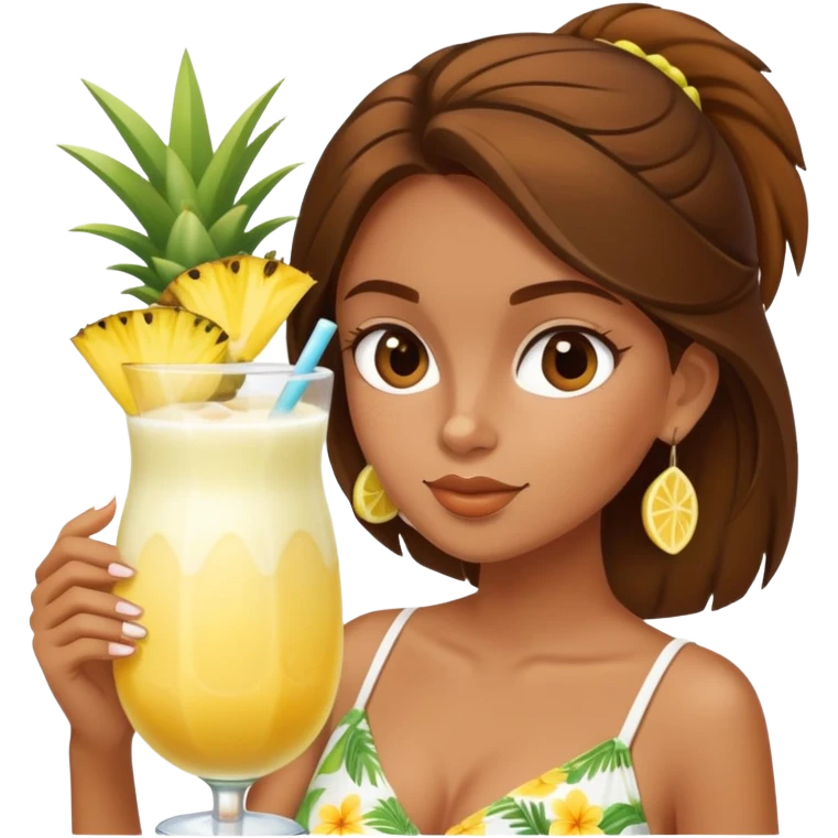 Very tan skinned girl with brown hair wearing a summer outfit sipping a piña colada emoji