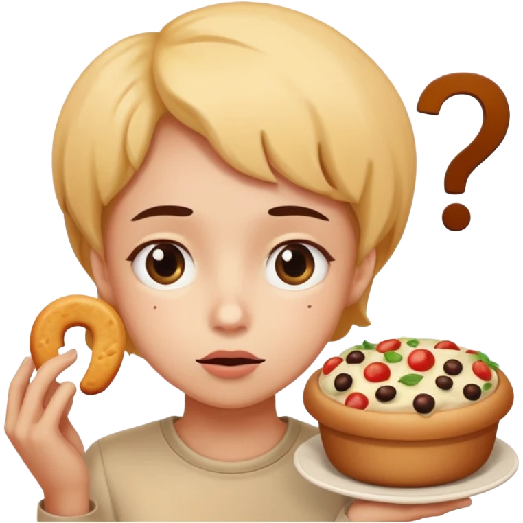 Draw an emoji where a person thinks with a question mark in front of food (draw it in a cuter way) emoji