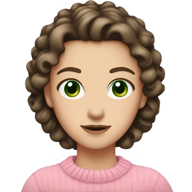 White girl with dark brown curled hair and green eyes and a pink sweater emoji