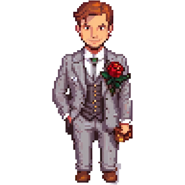 mafia guy with a rose in his lapel, smirking, pixel art style emoji