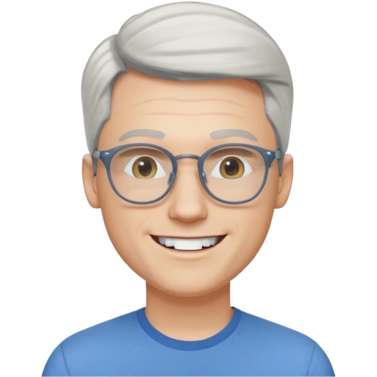 30 yr old pale white man, white/grey side swept stylish hair, round glasses, big smile, white teeth, handsome, longer hair, thin glasses, blue  shirt emoji