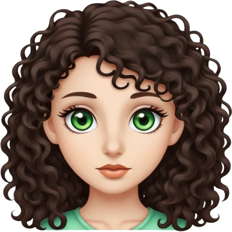girl with green eyes, long dark brown curly hair, big nose, and long eye lashes emoji