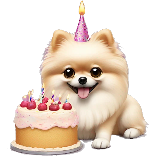 Crème Pomeranian with birthday cake emoji