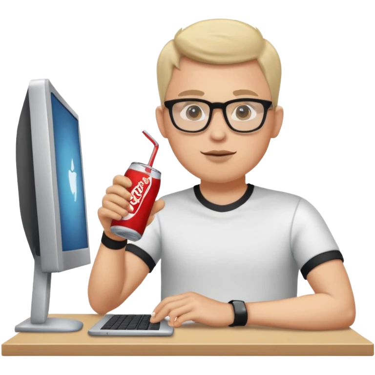 Hombre blanco con gafas tomando un refresco frente a un ordenador con ropa de deorte emoji