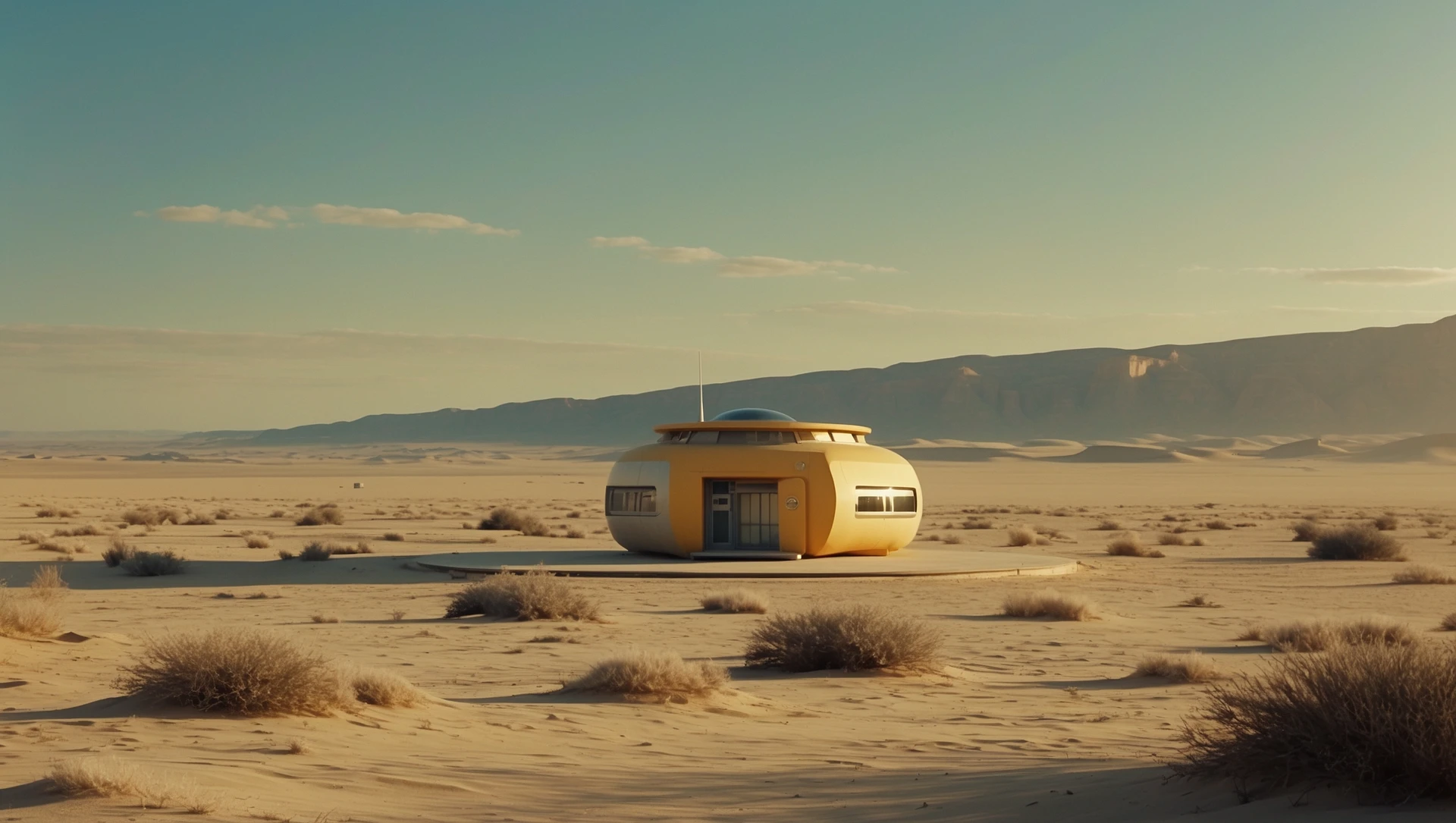 Cinematic still from 1990s Retro Space movie, film called Retro Futurism, Establishing scane showing desert with single small futuristic bulding, big landscape in background showing loneliness emoji