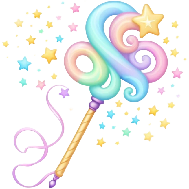 Cinematic cute magical wand, pastel swirls of color, tiny twinkling stars floating around, glowing softly, chubby rounded edges, whimsical and dreamy. emoji