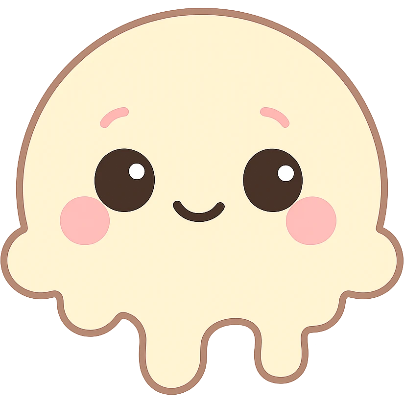 Kawaii style emoji with soft vanilla color, big shiny eyes, cute expression, transparent background. emoji