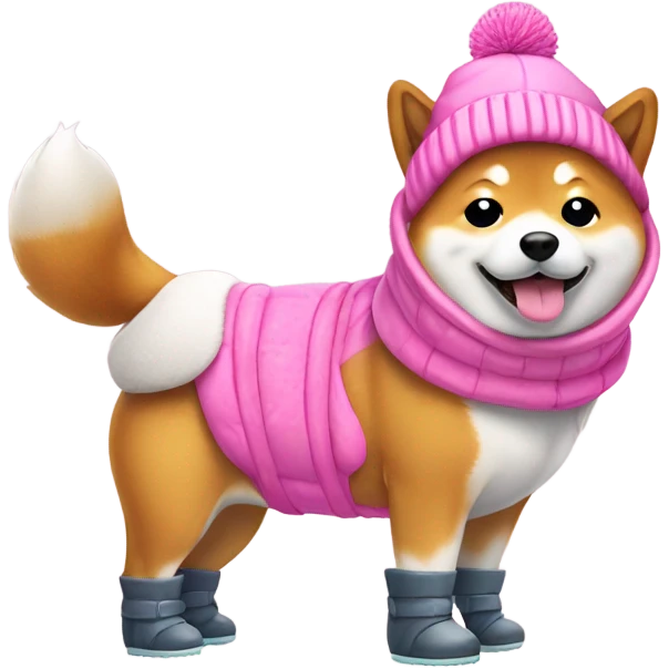 Shiba inu dog wearing snow boots and pink beanie emoji