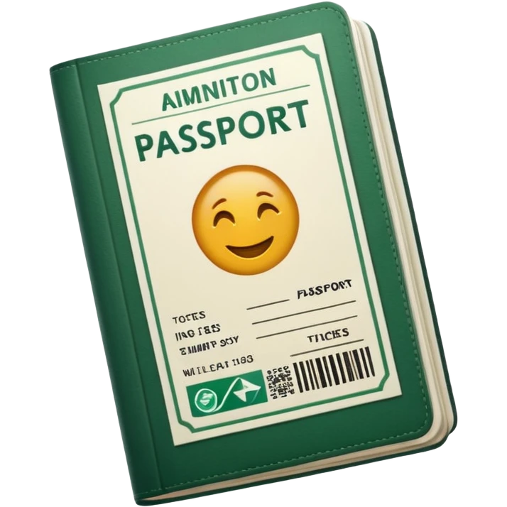 white passport with inserted airline tickets, dark green stamps and stripes, no emojis, emoji style emoji