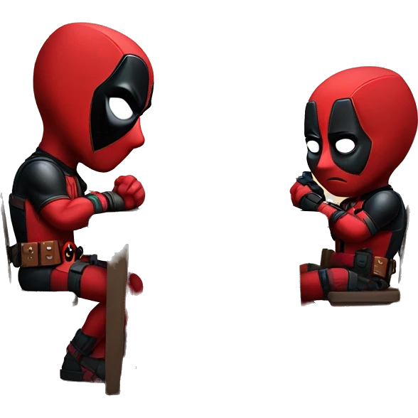 Cute Deadpool sitting at a desk, front view emoji