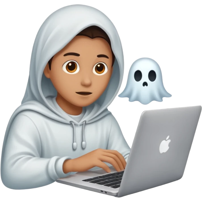 Create an emoji where an ungender person sits in front of the desk, designing ghost characters on laptop. Please refer to the attached image for ghost characters. emoji