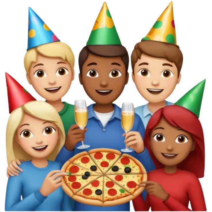 grupo de amigos y amigas comiendo pizza emoji