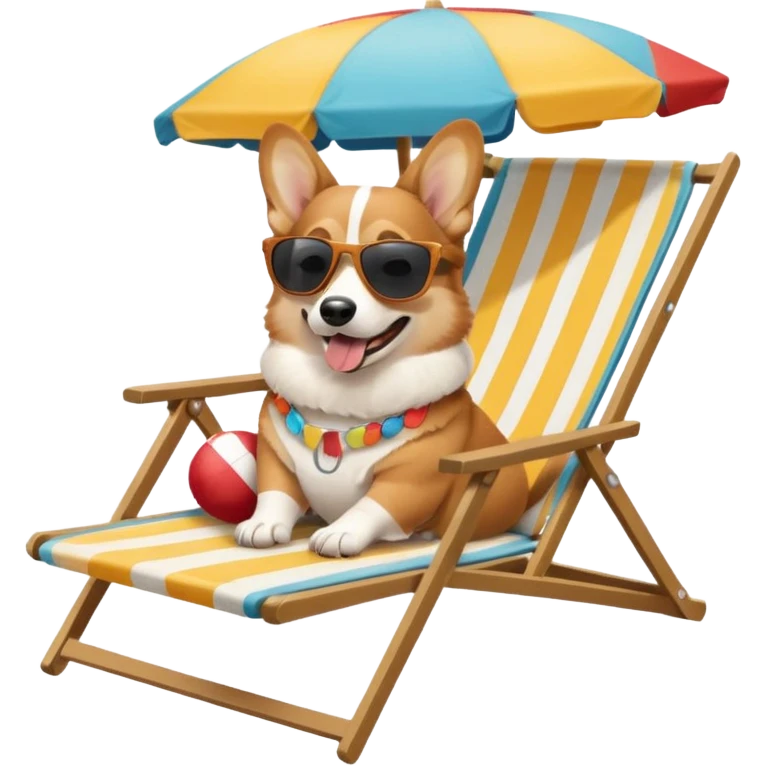 a corgi dog laied on a beach chair, a sunny beach, a sun umbrella, and beach coconut trees. the icon should capture the essence of a relaxing beach vacation with a carefree atmosphere emoji