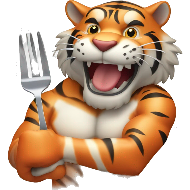a muscular grinning tiger holding a fork poking into a fillet of salmon with the tip of its paws emoji
