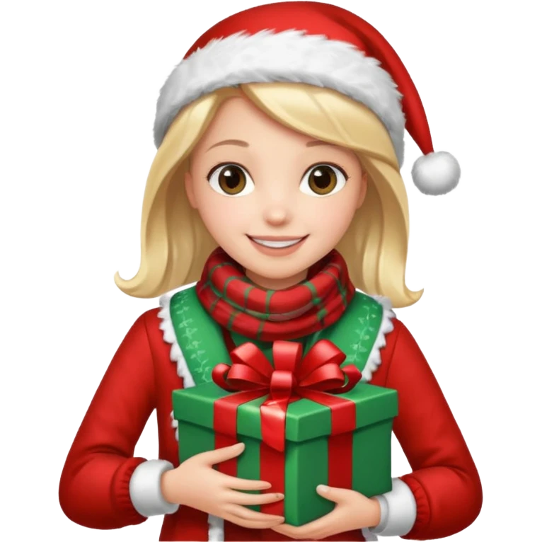 a girl wearing a chirstmas jacket and scarf and holding a christmas gift emoji