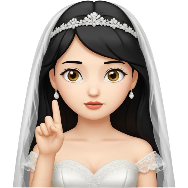 Black-haired bride in a white wedding dress and veil, curious expression, pointing to her head with her index finger, cute emoji style. emoji
