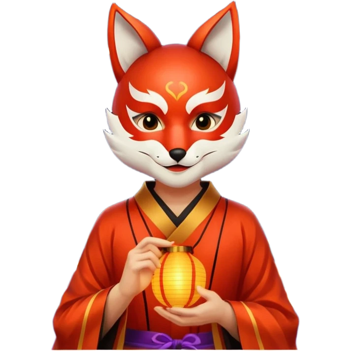 kitsune mask, worn by a festival performer at night, paper lanterns in background, colorful bokeh lights emoji