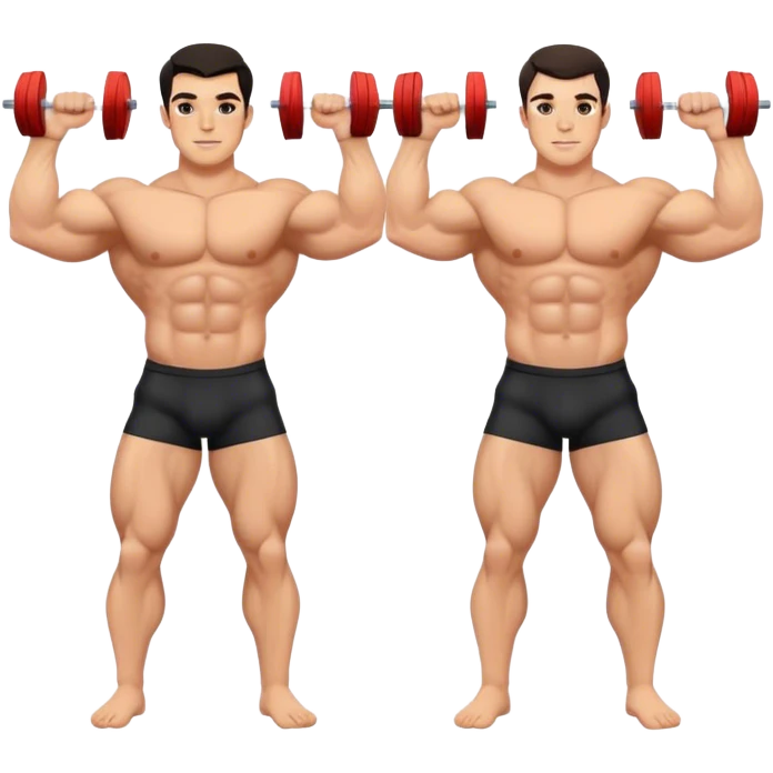 Two best friends, dark hair, torsos, handsome men, Muscular Caucasian gay bodybuilders working out, realistic emoji