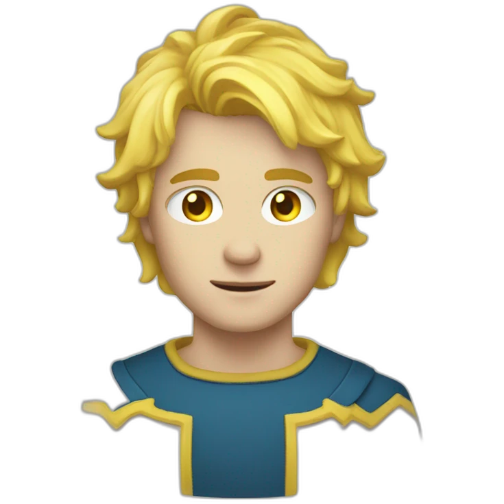 a man blond hair, blue eyes, a yellow aura around hil emoji