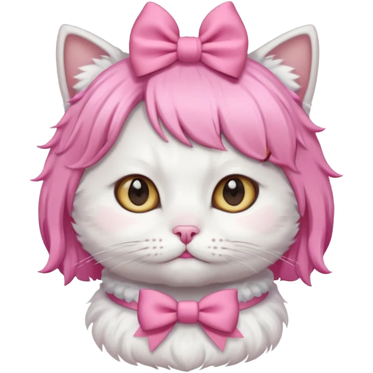 White cat wearing pink wig and bow emoji
