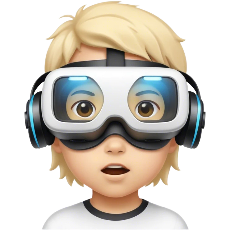 Child wearing virtual reality glasses, with a curious and engaged expression, exploring the digital world through VR technology. emoji