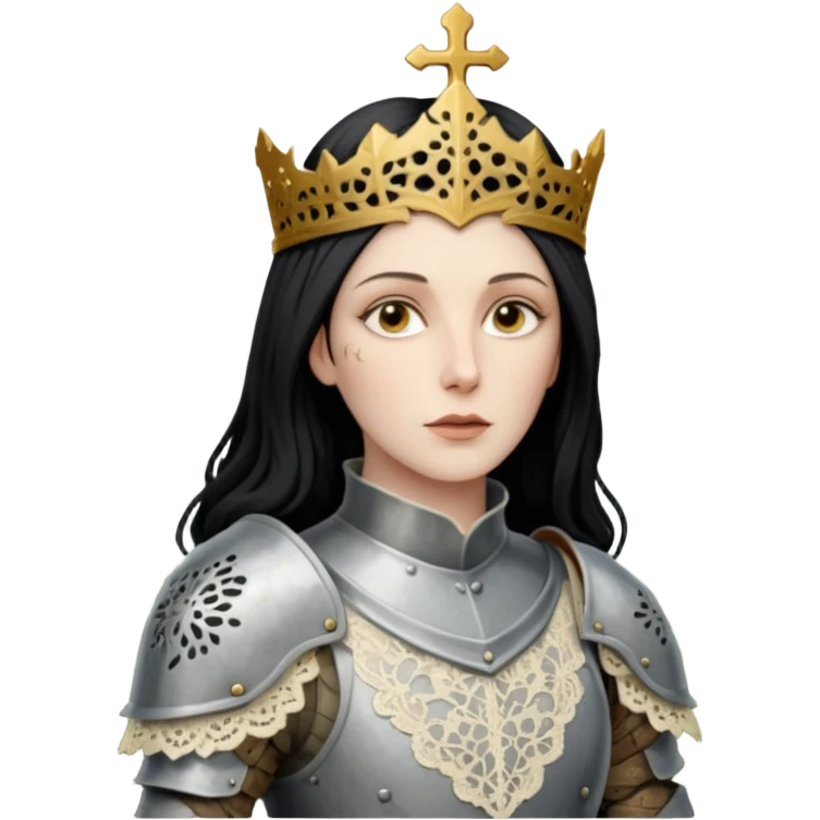realistic cinematic actress Cher in Victorian lace styling like Joan of Arc dirty damaged armor in a forest emoji