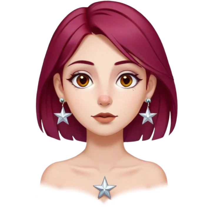 emoji of girl with maroon  hair in a middle part with dangly star earrings straight nose hazel eyes medium perfect eye brows with  a nose ring silver on the right nostril  emoji