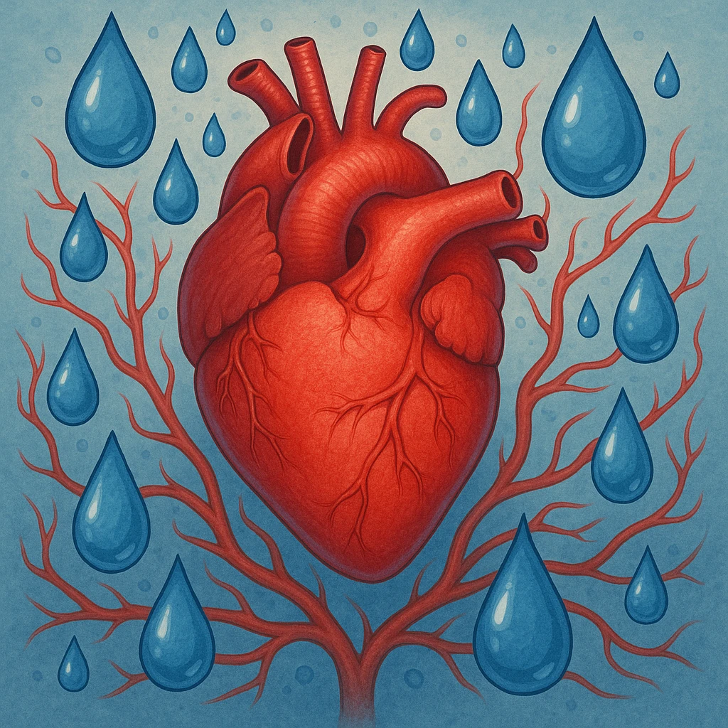 a heart surrounded by water droplets and blood vessels, representing a medication that manages blood pressure via fluid balance, therapeutic and protective feel emoji