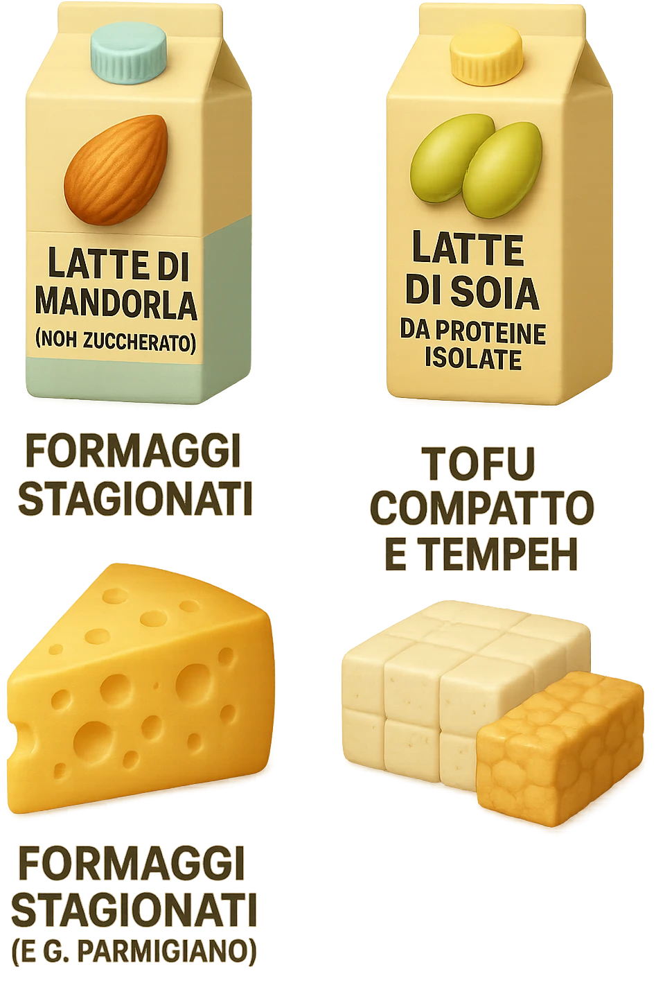 emoji stile iphone 3d di Latte e yogurt delattosati in italiano
Latte di mandorla (non zuccherato)
Latte di soia da proteine isolate
Formaggi stagionati (es. parmigiano)
Tofu compatto e tempeh
 che fluttuano in aria, iperealistico 4k emoji